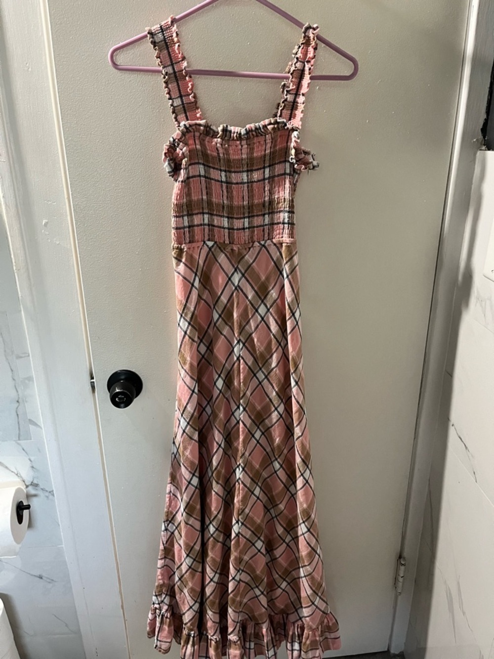 Sundays Pink Plaid Smocked Maxi Dress